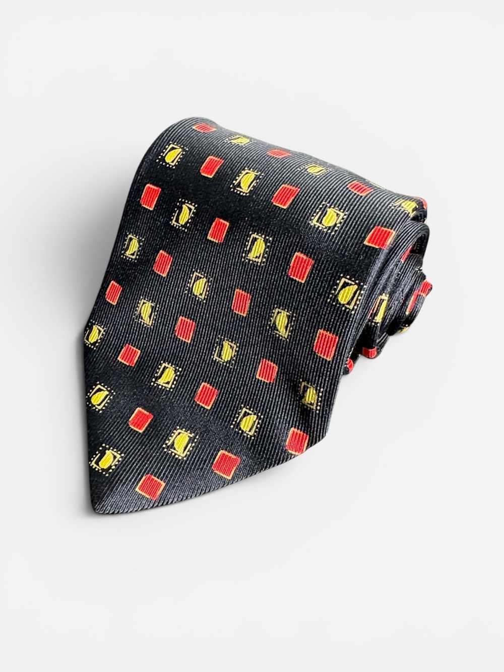 Brioni mens black square geometric pattern 100% silk neck tie EUC